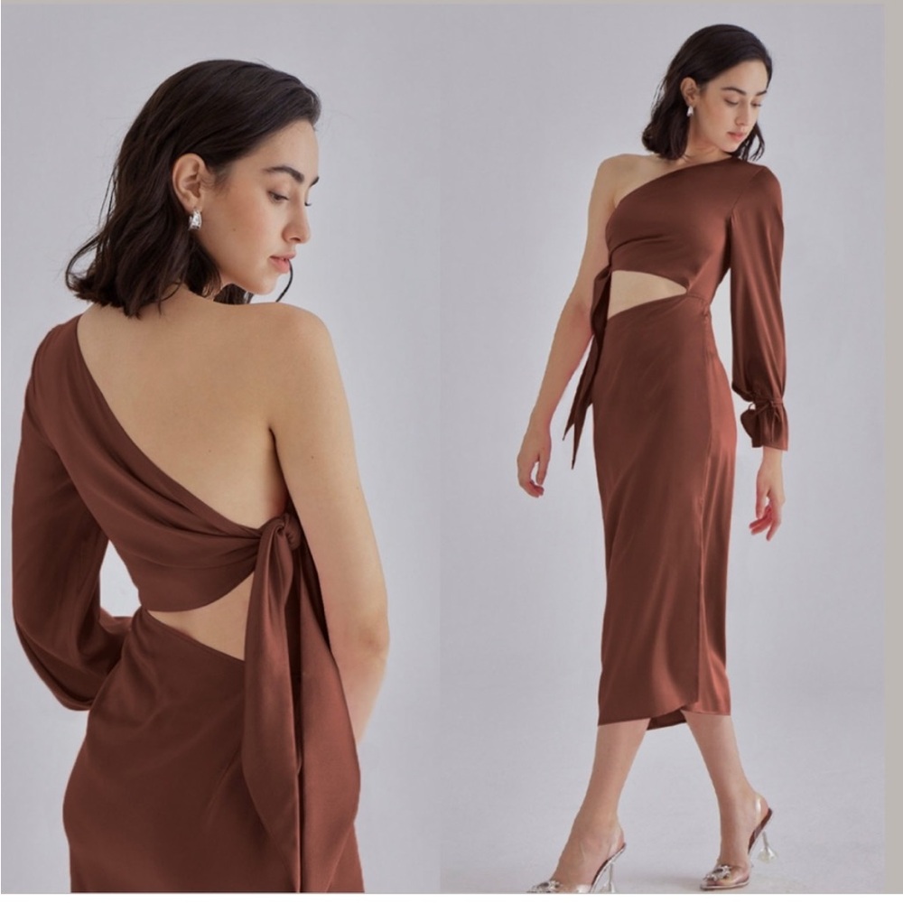 Silk Maison Nwt Pink Palace One Shoulder Dress In Brown — image 3 of 8